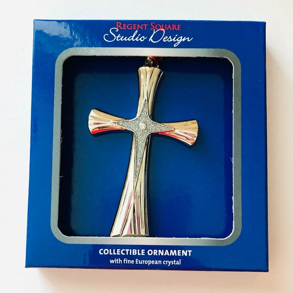 NEW Studio Design Silver Cross Collectible Christmas Ornament w/European Crystal